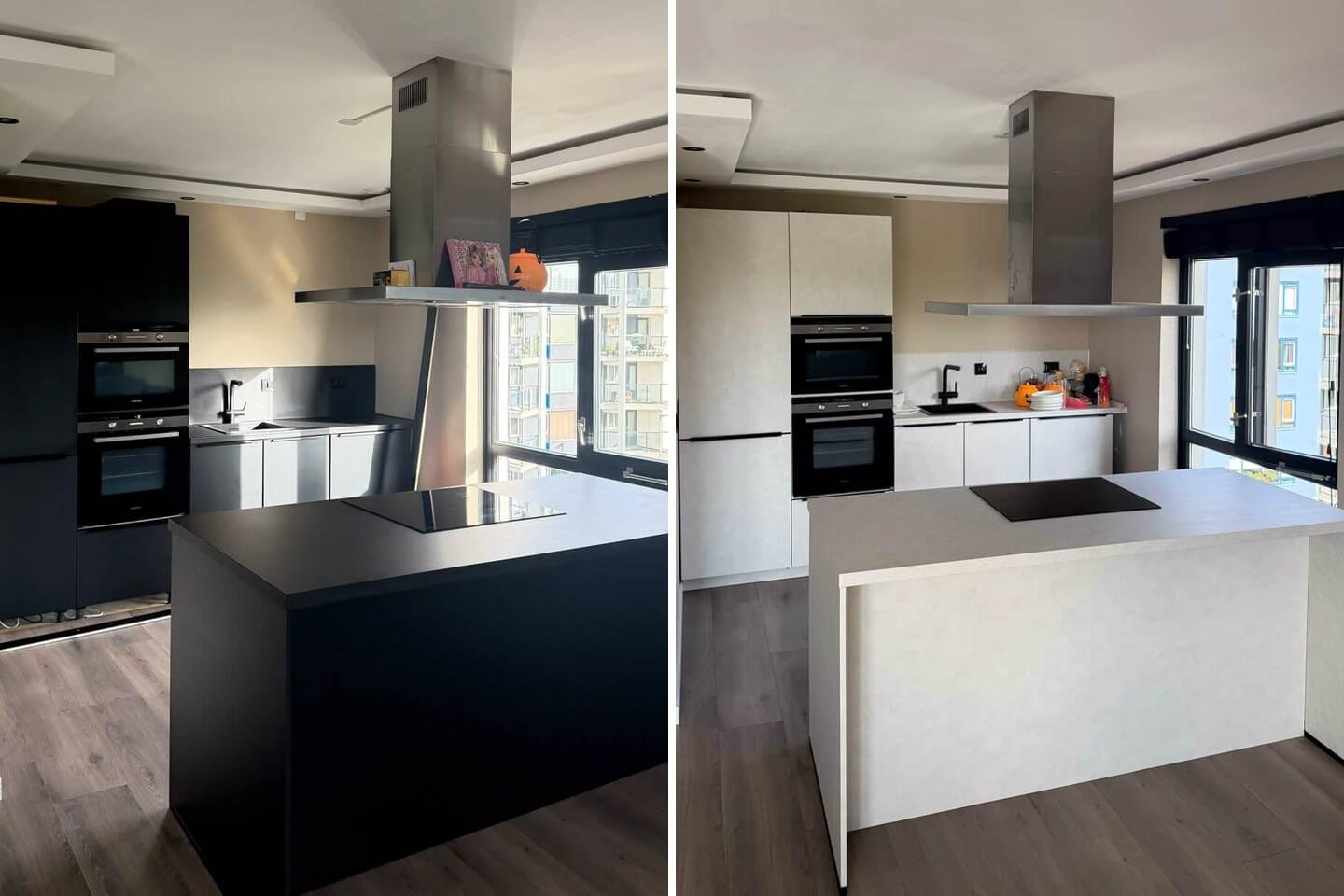 Huis verkoopklaar maken: keuken in Rotterdam voor en na Keuken in Rotterdam voor en na het wrappen: links een zwarte keuken met een zwart kookeiland en zwarte werkbladen, rechts dezelfde keuken met kasten en kookeiland in de lichte beton cire look Fractura shell 2.0 en werkbladen in de crème marmerlook Crema